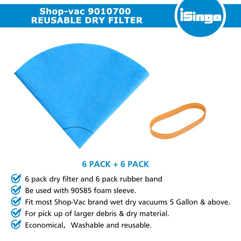 isingo 6 Pack 90107/90137 Reusable Dry Filters and 3 Pcs 90585 Foam Sleeve Filter Kit Replacement for Shop Vac 5 Gallon and Above Wet/Dry Vacuum, Part# 9010700, 9013700, 9058500, with 6pcs Retaining Bands - Image 3